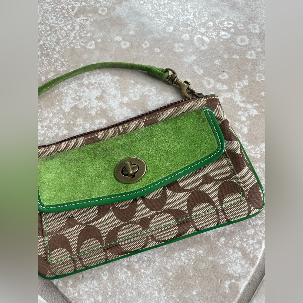 Coach Green and Brown Wristlet Clutch